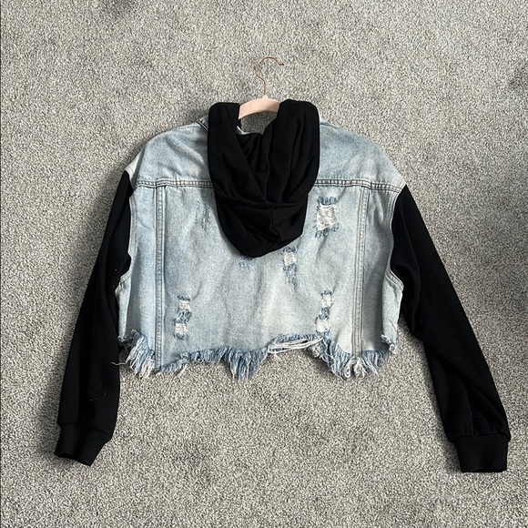 Distressed Denim Jean Jacket with Black Sleeves - Picture 3 of 3